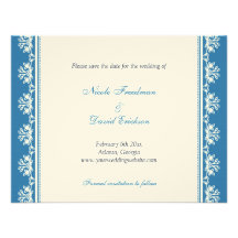 Ecru blue filigree border wedding announcement