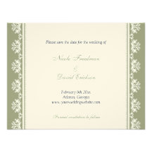 Ecru green filigree border wedding announcement