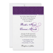 Eggplant Purple and White Damask Wedding Announcements