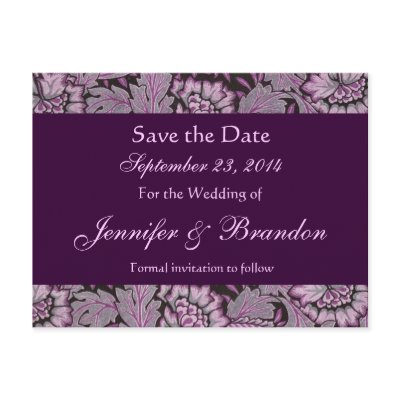 Eggplant Purple Vintage Damask Save The Date Postcards by JaclinArt