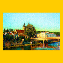 Église sur la rivière affiches