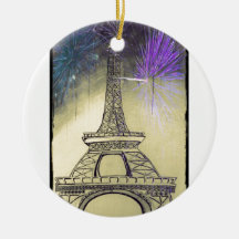 Eiffel tower black and white fireworks ornaments