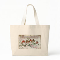 Eight English Robins on Holly Vintage Christmas Tote Bag