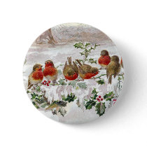 Eight English Robins on Holly Vintage Christmas Buttons