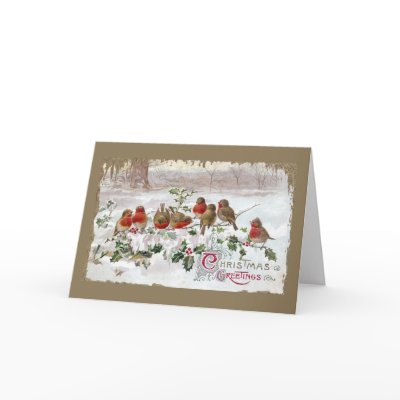 Eight English Robins on Holly Vintage Christmas Greeting Card by pinkalmond