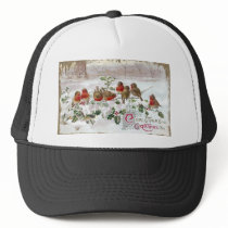Eight English Robins on Holly Vintage Christmas Mesh Hat