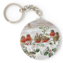 Eight English Robins on Holly Vintage Christmas Key Chains