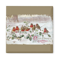 Eight English Robins on Holly Vintage Christmas Magnets