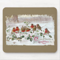 Eight English Robins on Holly Vintage Christmas Mouse Pad