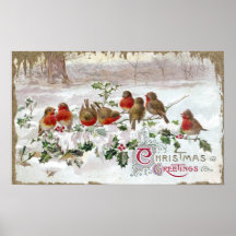 Eight English Robins on Holly Vintage Christmas Print