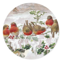 Eight English Robins on Holly Vintage Christmas Round Sticker