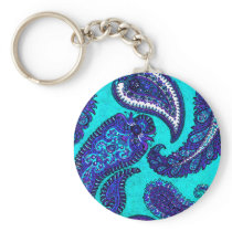 Electric Aqua Blue Indian Paisley Keychains
