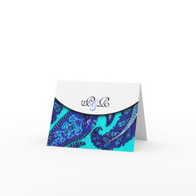 Electric Aqua Paisley Monogrammed Note Card by IndianInspirations
