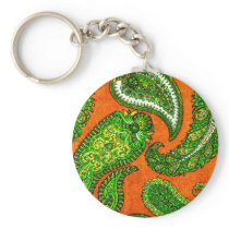 Electric Orange and Green Indian Paisley Key Chain