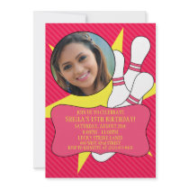 Electric Pink No Time To Spare Bowling Party Photo Personalized Invitations