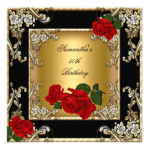 Elegant 50th Birthday Party Gold Red Rose Black Announcements