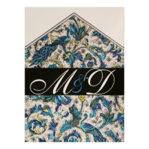 ELEGANT ANTIQUE FLORENTINE BLUE FLORAL MONOGRAM PERSONALIZED INVITATIONS