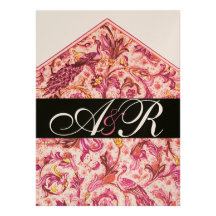 ELEGANT ANTIQUE FLORENTINE PINK FLORAL MONOGRAM ANNOUNCEMENTS