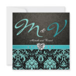 Elegant Aqua Blue / Black Damask Wedding Invites