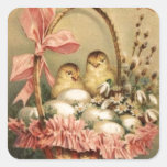 ELEGANT BASKET ,CHICKENS,FLOWERS AND EASTER EGGS SQUARE STICKER