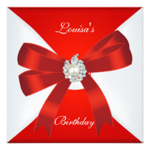 Elegant Birthday Invite Red Ribbon White Pearl