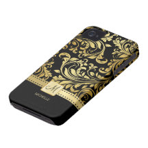 Elegant Black and Gold Damask with Monogram iPhone 4 Case-Mate Cases