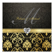 Elegant Black and Gold Damask with Monogram Custom Invitation