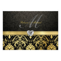 Elegant Black and Gold Damask with Monogram RSVP Personalized Announcements
