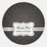 Elegant Black and Grey Damask Thank You Round Sticker