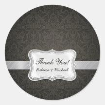 Elegant Black and Grey Damask Thank You Round Sticker