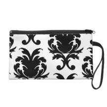 elegant black and white damask wristlet purse