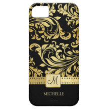 Elegant Black & Gold Damask with Monogram iPhone 5 Case