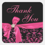 Elegant Black Pink Damask Diamond Bow Thank You Sticker