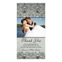Elegant black silver damask wedding thank you photo cards