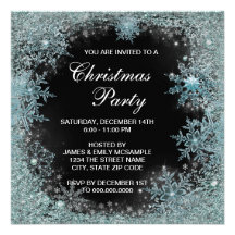 Elegant Black Teal Blue Snowflake Christmas Party Invitations