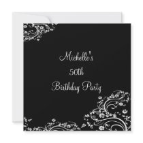 Elegant Black & White Floral 50th Birthday Party Personalized Invite