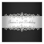 Elegant Black & White Silver Roses Birthday Party Custom Invitation