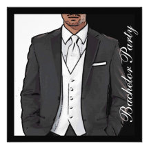 Elegant black white tuxedo bachelor party invites