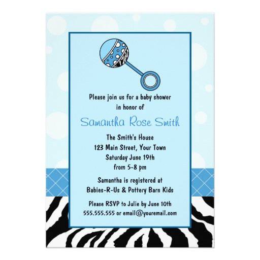 Elegant Blue and Zebra Baby Shower Invitation
