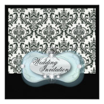 elegant blue black damask wedding invitation