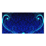 Elegant blue Damask and aqua swirls Photo Card Template