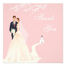 Elegant Bride & Groom & Church Pink Thank You Invitation