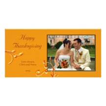 Elegant chic orange scroll Thanksgiving greeting Photo Card