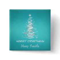 Elegant Christmas Tree Name Blue Custom Pin