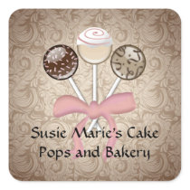 Elegant Cocoa Damask Cake Pop Square Sticker Label