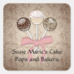 Elegant Cocoa Damask Cake Pop Square Sticker Label