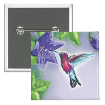 elegant colourful hummingbird and purple flowers pinback buttons