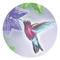 elegant colourful hummingbird and purple flowers round sticker