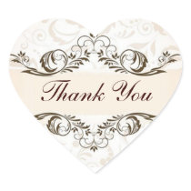 Elegant Cream Floral Damask Wedding Heart Stickers
