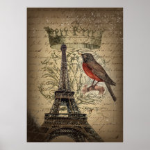 elegant crown robin eiffel tower paris Vintage Poster